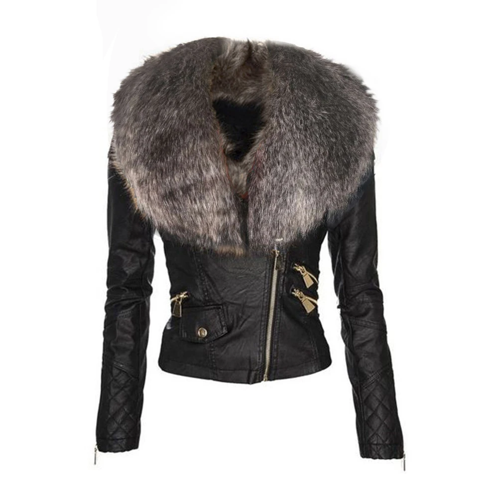 

Autumn 2020 Gothic Motorcycle Jackets Women Faux Fur Leather Jacket Women Hood Winter Warm Black Outerwear PU Outwears