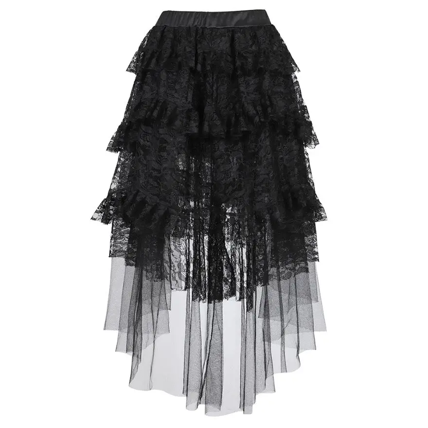 Women Sexy Lace Layered Pleated Skirt Steampunk Asymmetrical High Low Ruffle Tulle Long Skirts Black Plus Size S-6XL