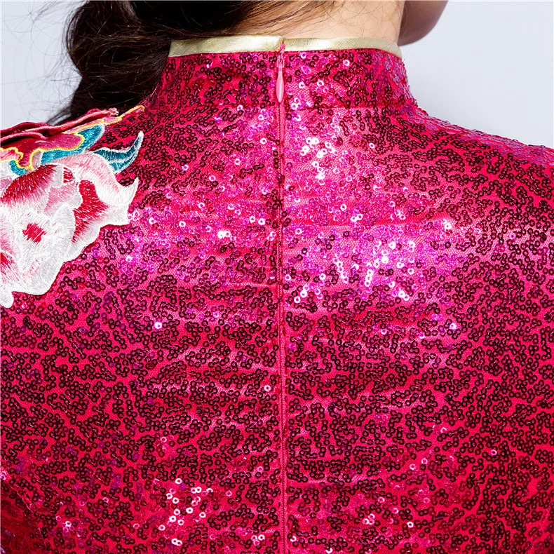 Ярко розовые Для женщин Русалка Cheongsam Длинные вечерние платья с воротником