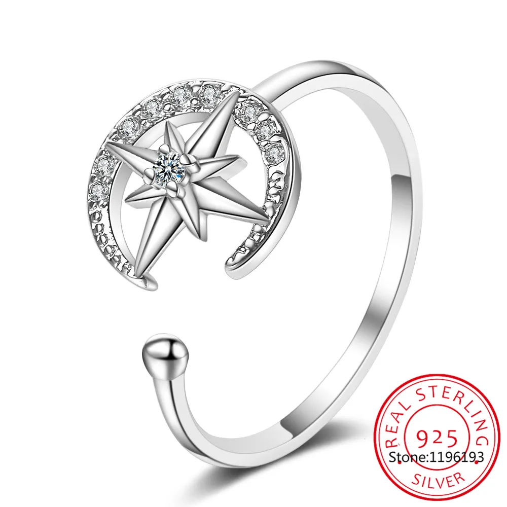 

925 Sterling Silver New Woman Fine Jewelry High Quality Crystal Zircon Star Moon Ring Size Adjustable Ring anillos De Prata