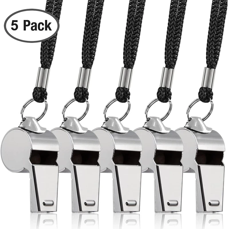 5 Packs Stainless Steel Whistle Loud Metal Whistle with Lanyard for Referees Coaches Lifeguards Football Basketball Hockey