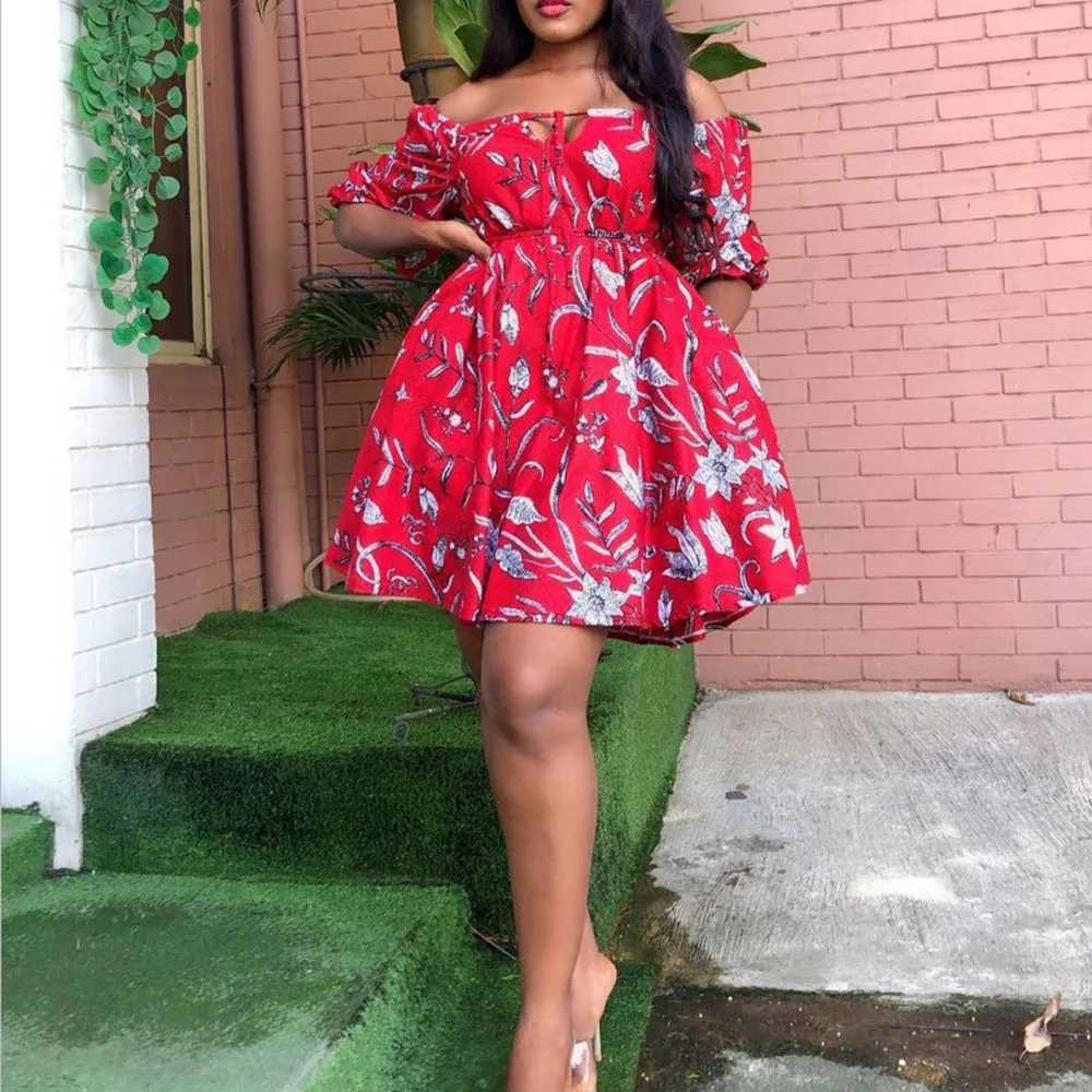 

African Western Style Digital Printing Women's One Word Collar Sexy Sleeve Lace 2021 Summer Dress Fashion Oversize Casual