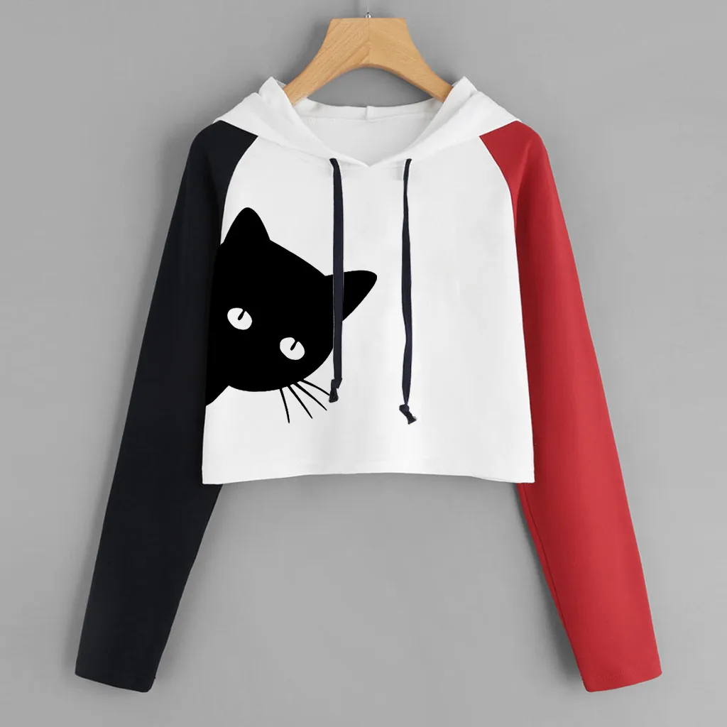 Повседневные короткие толстовки для женщин модная Толстовка с принтом кота