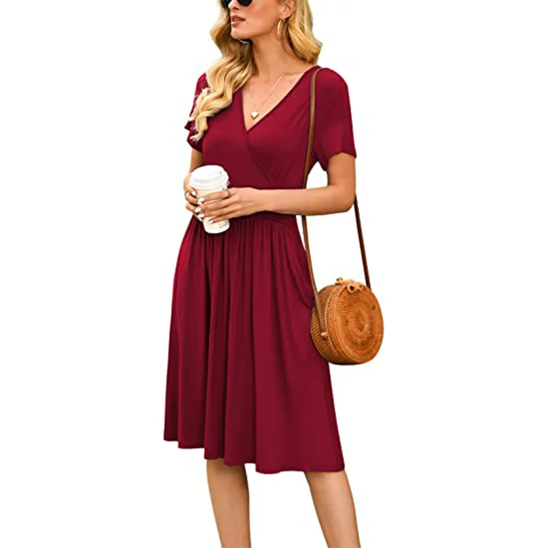 

Женское летнее платье, женский сплошной Цвет, в горошек, с рюшами, Тай-дай платье с треугольным вырезом и короткими рукавами, юбка-трапеция д...