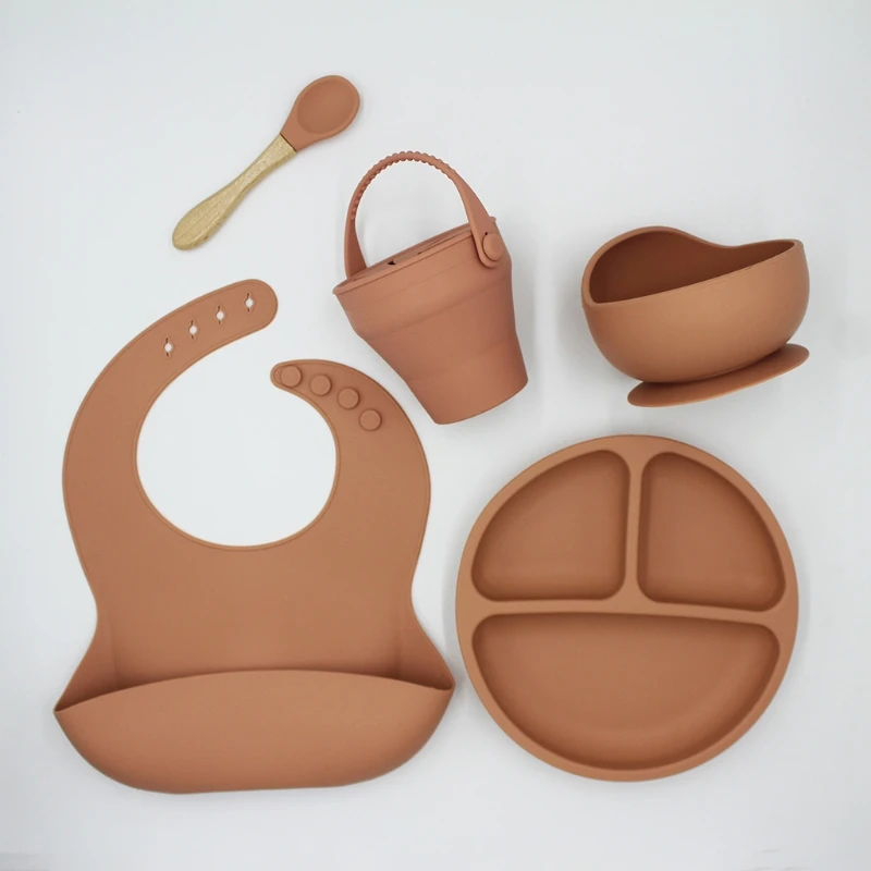 

5 Pcs Baby Bibs Drooling Burp Aprons+Suction Dish Bowl+Sucker Dinner Plate+Spoon+Cup Set Silicone Tableware Kit