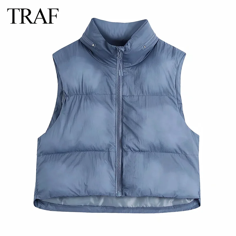 

TRAF ZA Women Fashion Vest 2021 Hooded Hidden Inside Padded Crop Waistcoat Vintage Sleeveless Zip-up Female Outerwear Veste Tops