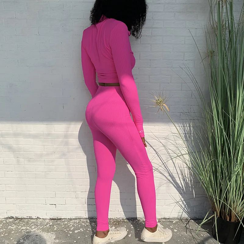 

Fall 2020 gym set Women long sleeve zip crop top+sweatpant sweatsuit joggers women set Pink outfits for women matching sets