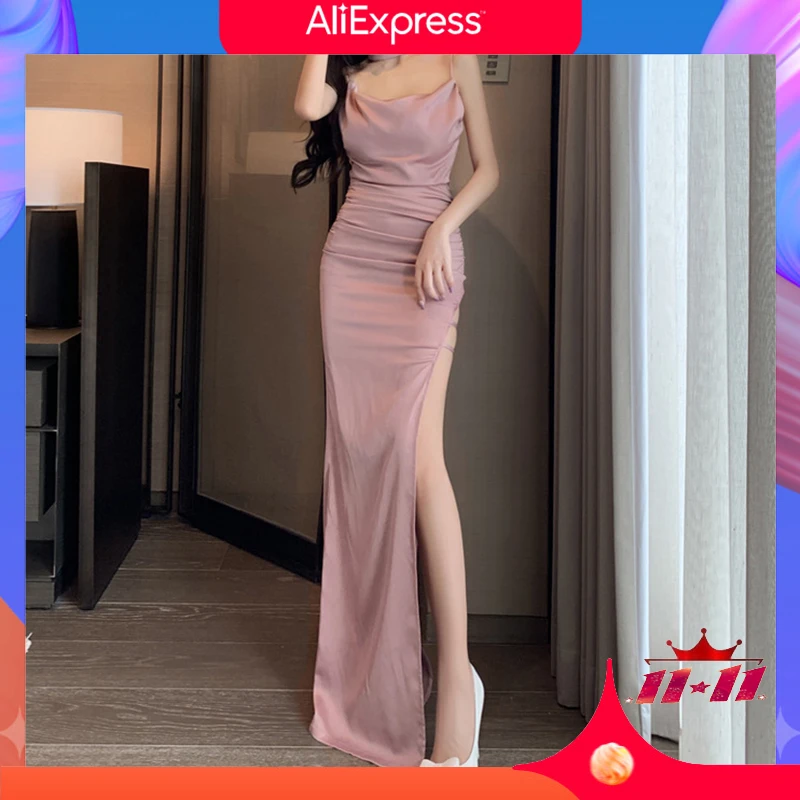 

MOVOKAKA чёрное длинное платье, сексуальное женское платье, элегантное платье на бретельках с вырезом, плиссированное облегающее платье с разр...