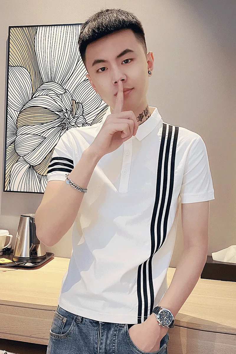 

Summer net red short sleeve polo shirt men's Korean fashion slim fit versatile Lapel T-shirt fashion brand cool striped T-shirt