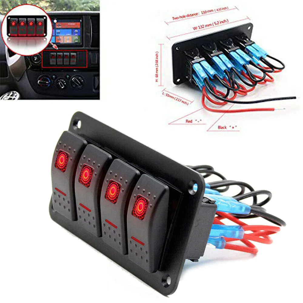 12-14 в 4 Gang Rocker Switch панель автоматический выключатель красный светодиодный RV +