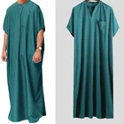 2021 Jubba Thobe мужской исламский арабский кафтан однотонный с коротким рукавом Свободные Ретро халаты абайя Средний Восток мусульманская одежда