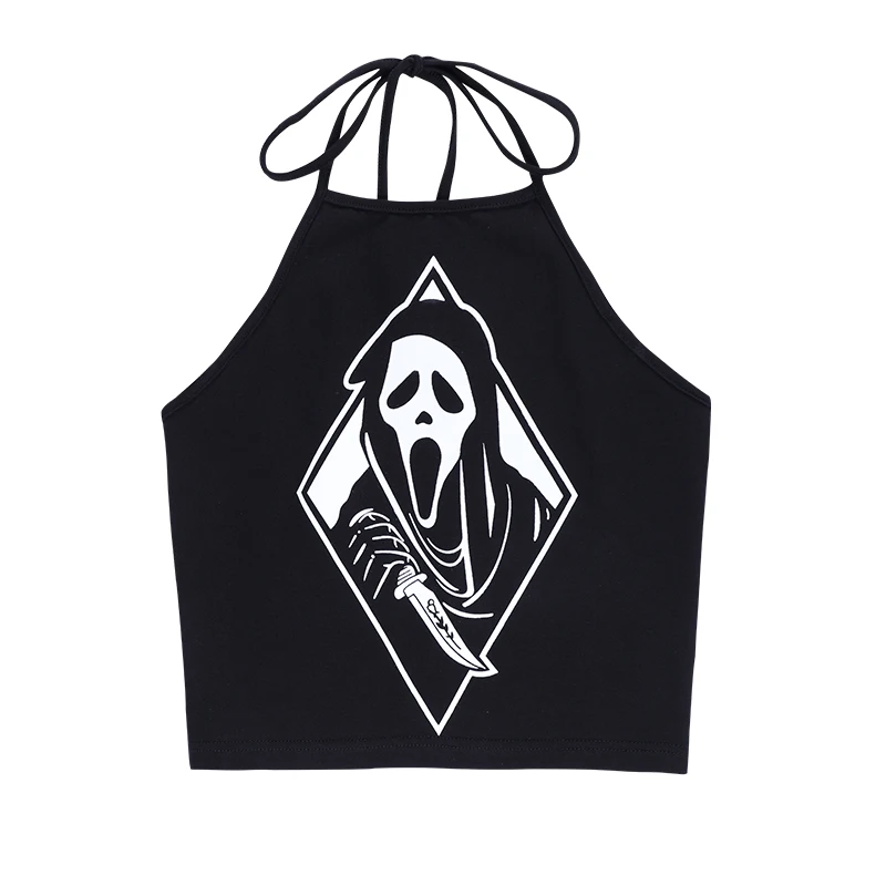 

InsGoth Gothic Demon Print Black Camis Goth Vintage Sexy Backless Halter Camis Harajuku Punk Grunge Summer Sleeveless Crop Top