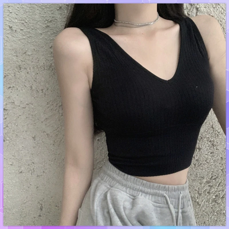

Sexy V Neck Basic Camis Women Sleeveless Crop Top Summer Camisole Female Solid Knitted Sport Vest Tops With Chest Padd