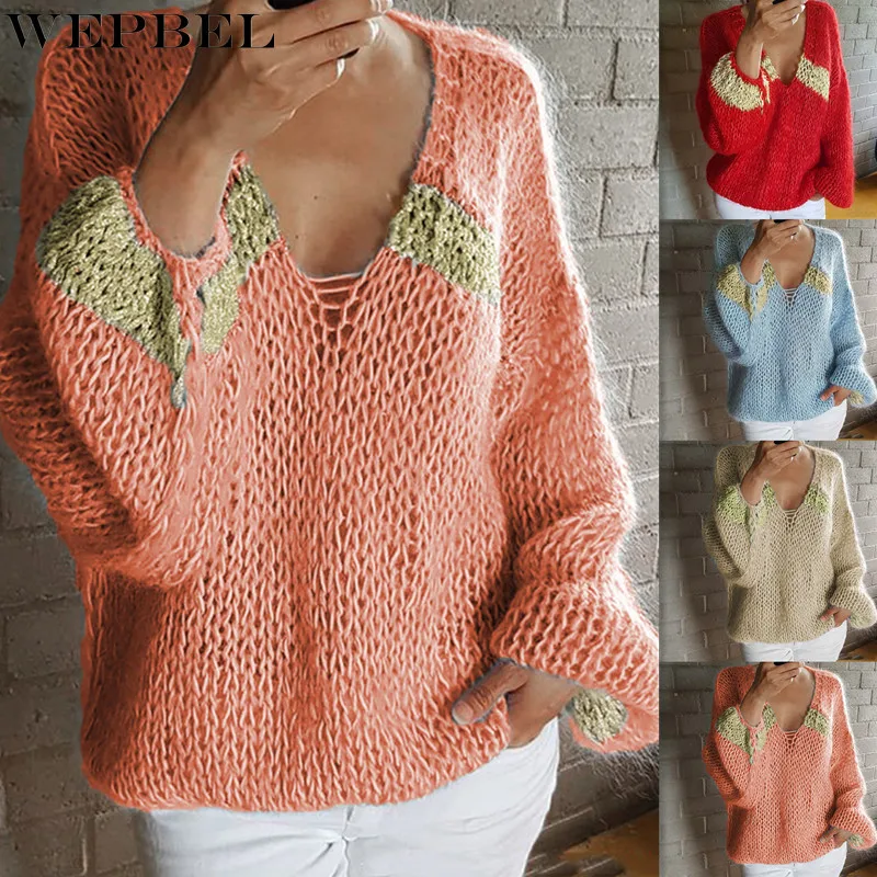 

WEPBEL Sweater Autumn Solid Color Stitching Hollow Out Sweater Women's Casual Lantern Sleeve V-neck Knitted Loose Sweater