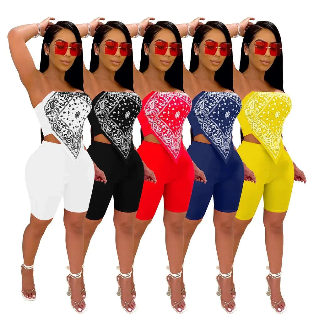 

Graphic Bandana Outfit Women Two Piece Club Set Sexy Strapless Cute Handkerchief Crop Top And Biker Shorts Matching Sets Suits