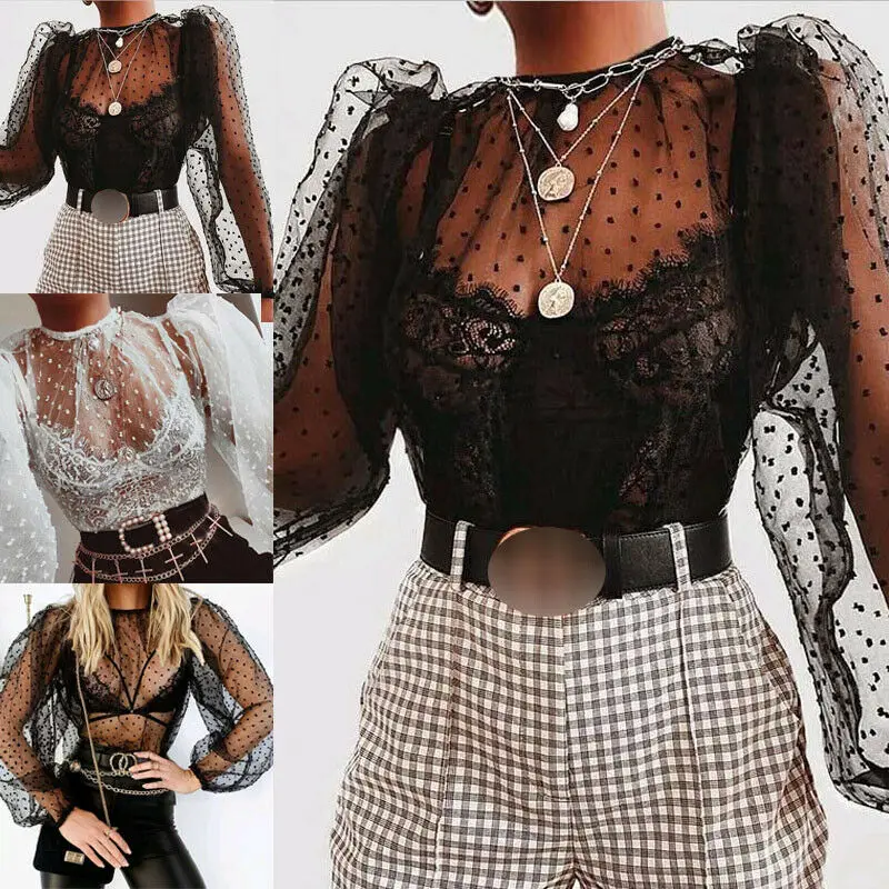 Summer Tshirt Women Mesh Sheer See-through Polka Dot T Shirt Tops Long Sleeve Puff O Neck T-shirts Perspective | Женская одежда