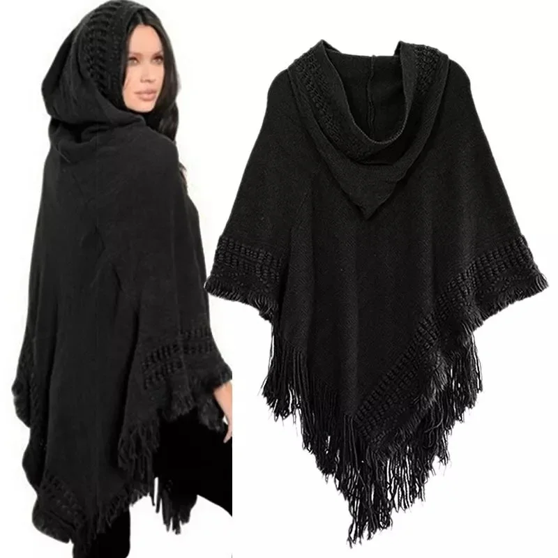

Pullover Casual Women's Hooded Sweater Tassel Solid Jumper Cloak Autumn and Spring Knitting Fashion Pullover Shawl