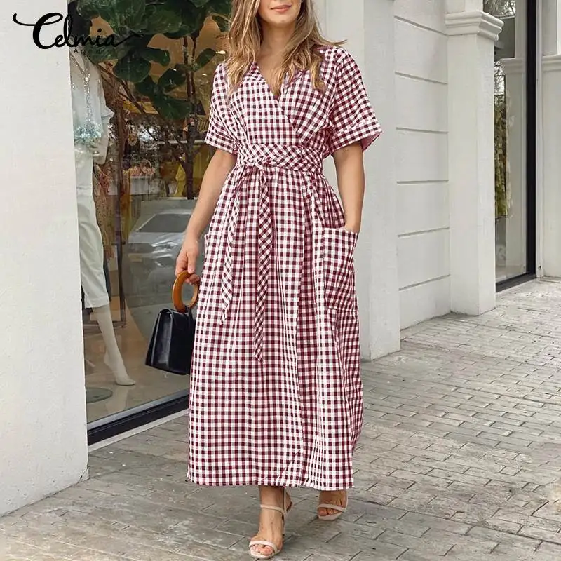 

Летнее клетчатое платье Celmia 2022, модное женское пикантное Макси-Платье с запахом, V-образным вырезом и коротким рукавом, повседневное Бандажн...