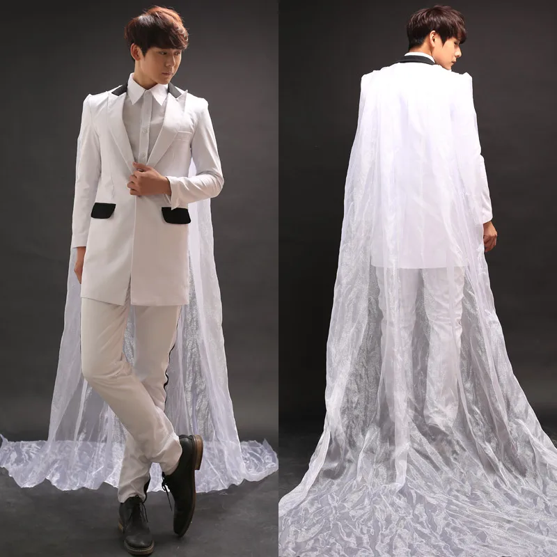 

White Suits Men Coat+Cloak+Pant Stage Wear Singer Costumes Men's Clothing Set Nightclub Costume Performance Show Clothing BL2203