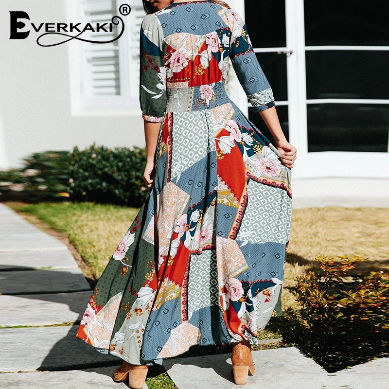 Женское длинное платье с поясом Everkaki винтажное макси в стиле бохо на резинке