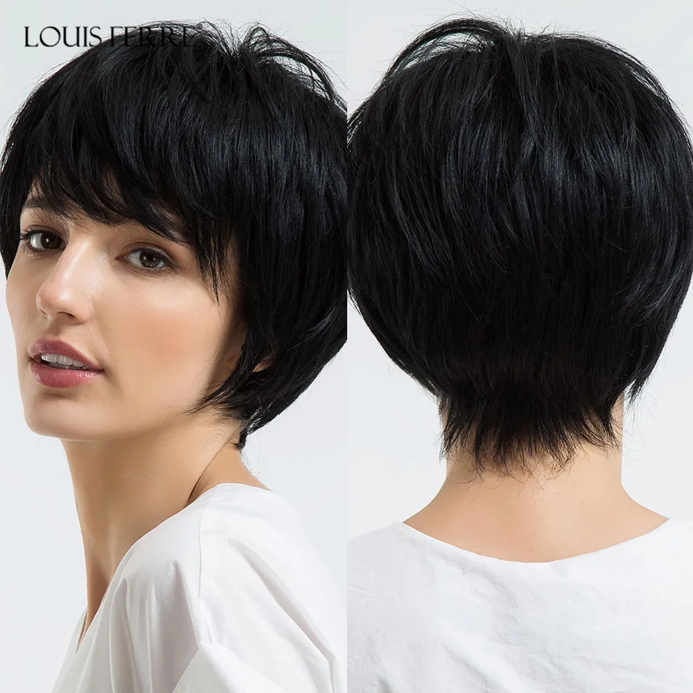

LOUIS FERRE Black Short Straight Synthetic Wig with Full Bangs Daily Cosplay Hair Wig for Women American Afro Wig Heat Resistant