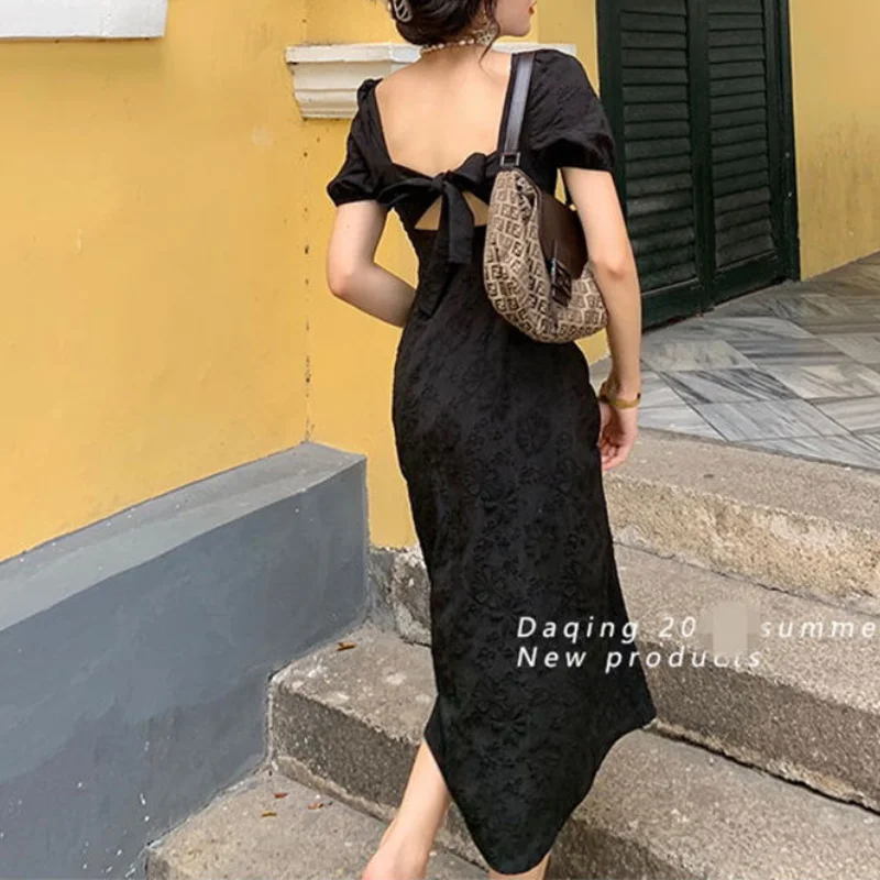 

HOUZHOU Elegant Vintage Dress Woman Black Floral Belt Sexy Backless Puff Sleeve Midi Dress Summer Casual Streetwear Party Outfit