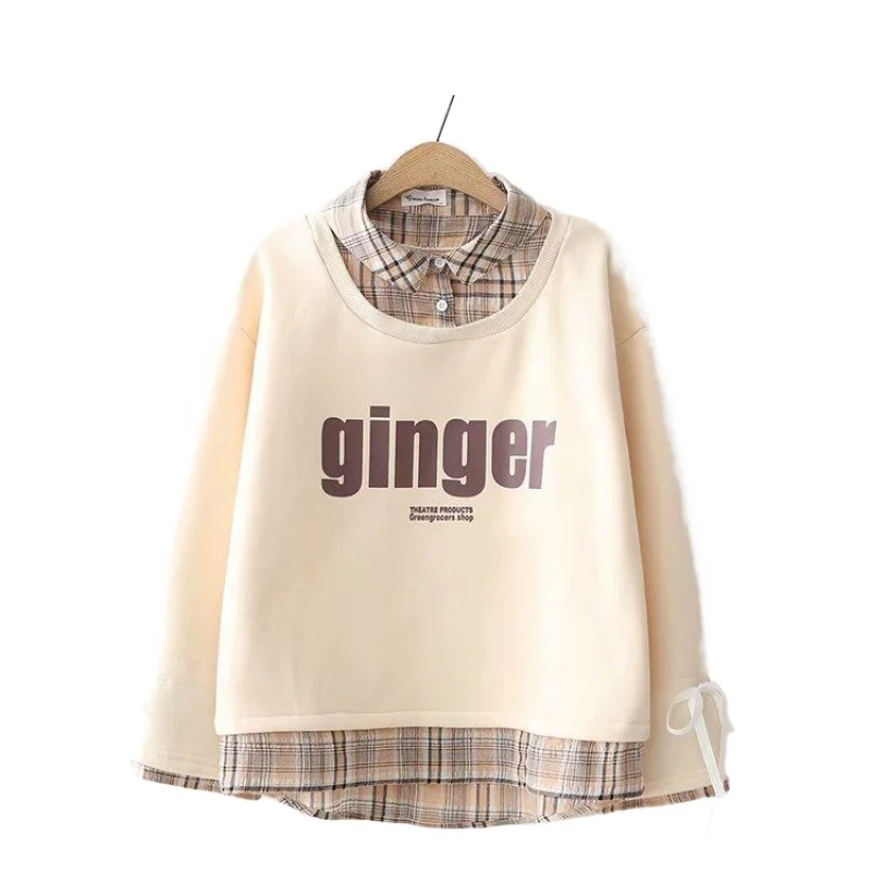 Women Plaid Patchwork Sweatshirt Student Loose Letter Print Japan Style Fake 2 Piece Plus Velvet Pullovers 2043678