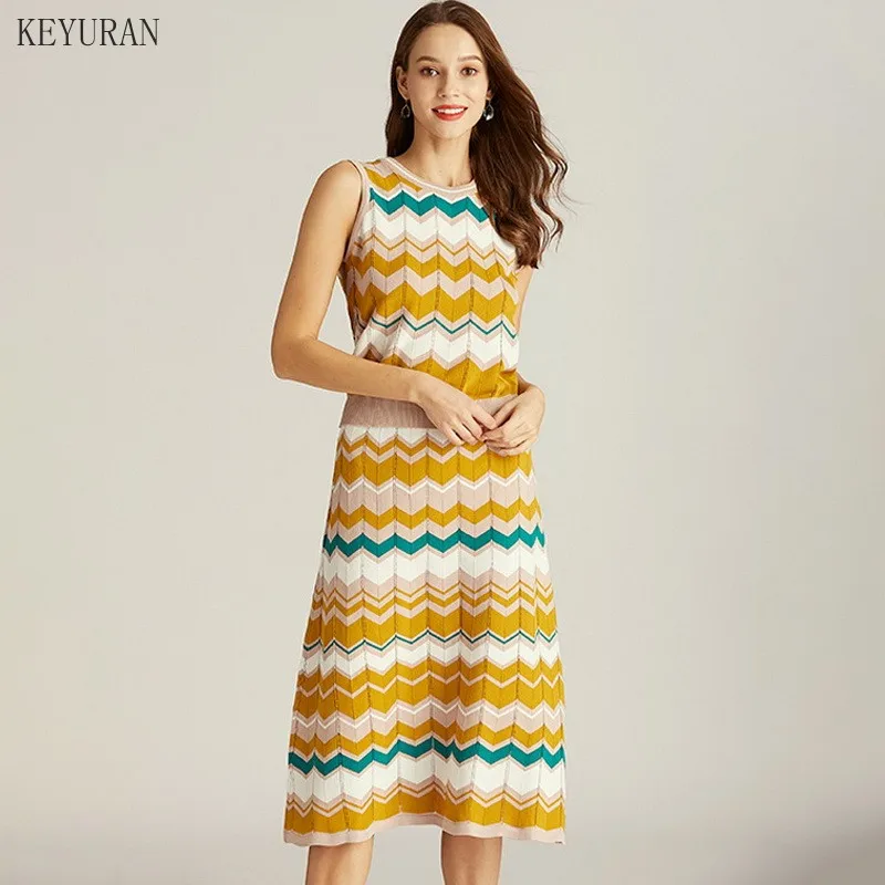 

Korean Summer Knitted 2 Piece Skirt Sets Women Striped Patchwork Sleeveless Knitwear Tops + A-Line Long Skirt Suits Elegant Set