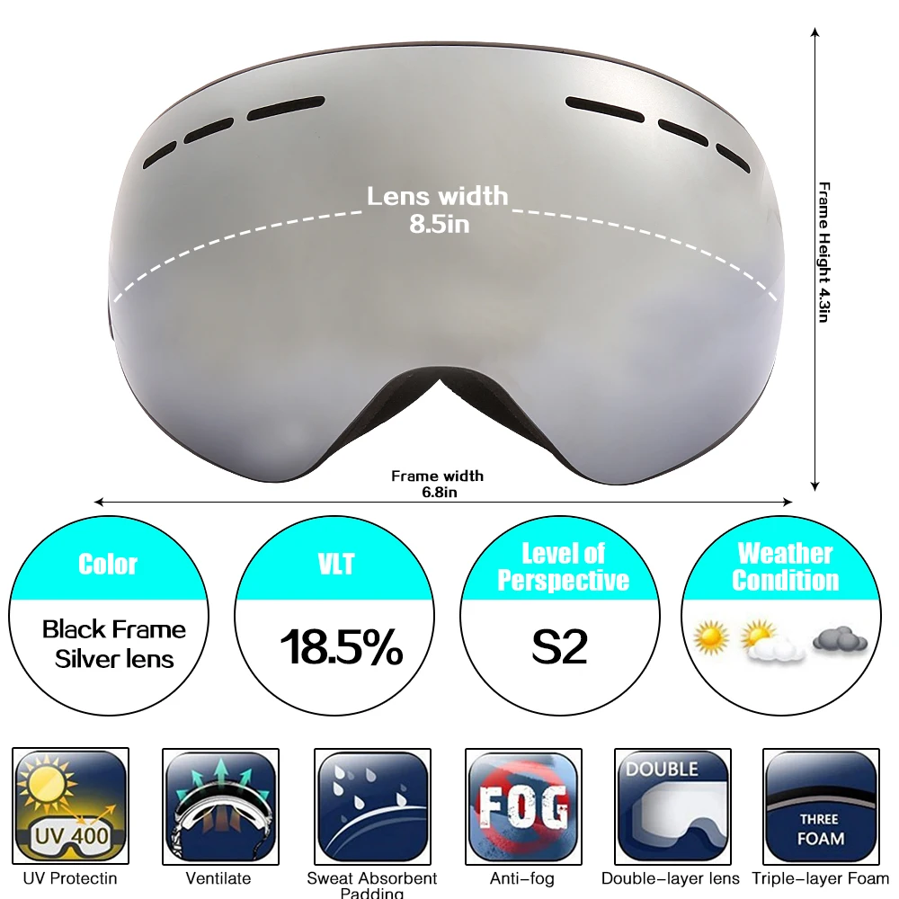 Silver Lens Jiepolly лыжные очки с анти-туманными магнитными линзами сферическая Лыжная маска с большим видением очки лыжные очки для катания на коньках для женщин и мужчин - Цвет: Silver Lens