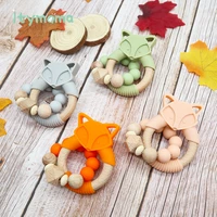 1pc fox wooden rattle teether baby toys engraved wood beads hexagon teether silicone beads tiny rod baby crib baby rattle