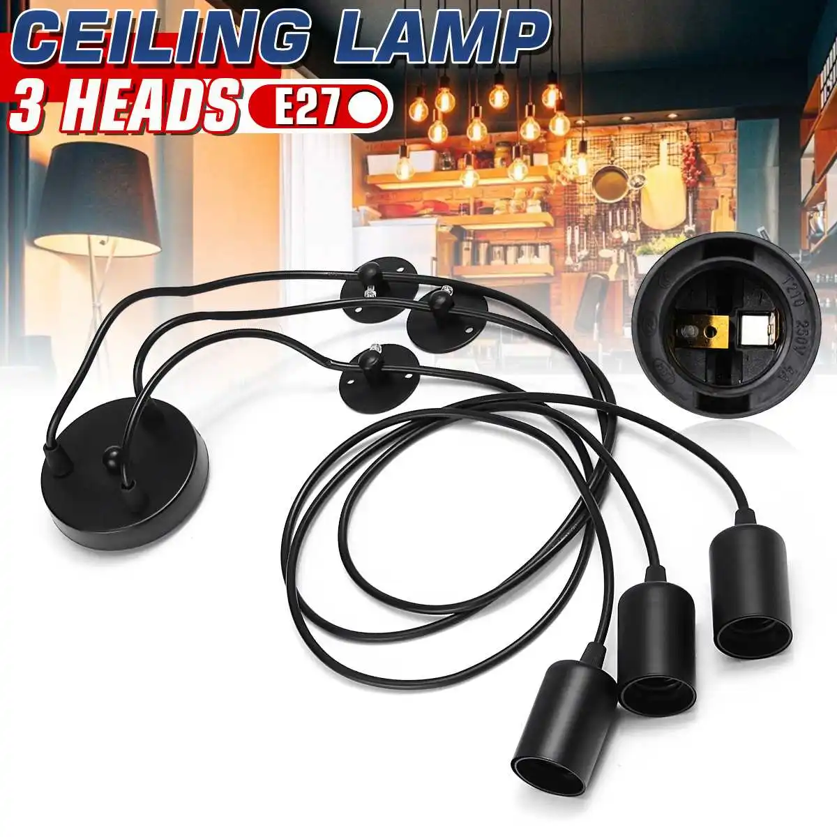 

SMUXI Black E27 3 Heads Pendant Light Vintage Industrial Edison Ceiling Lamp Chandelier Dining Lighting Retro Pendant Lamp