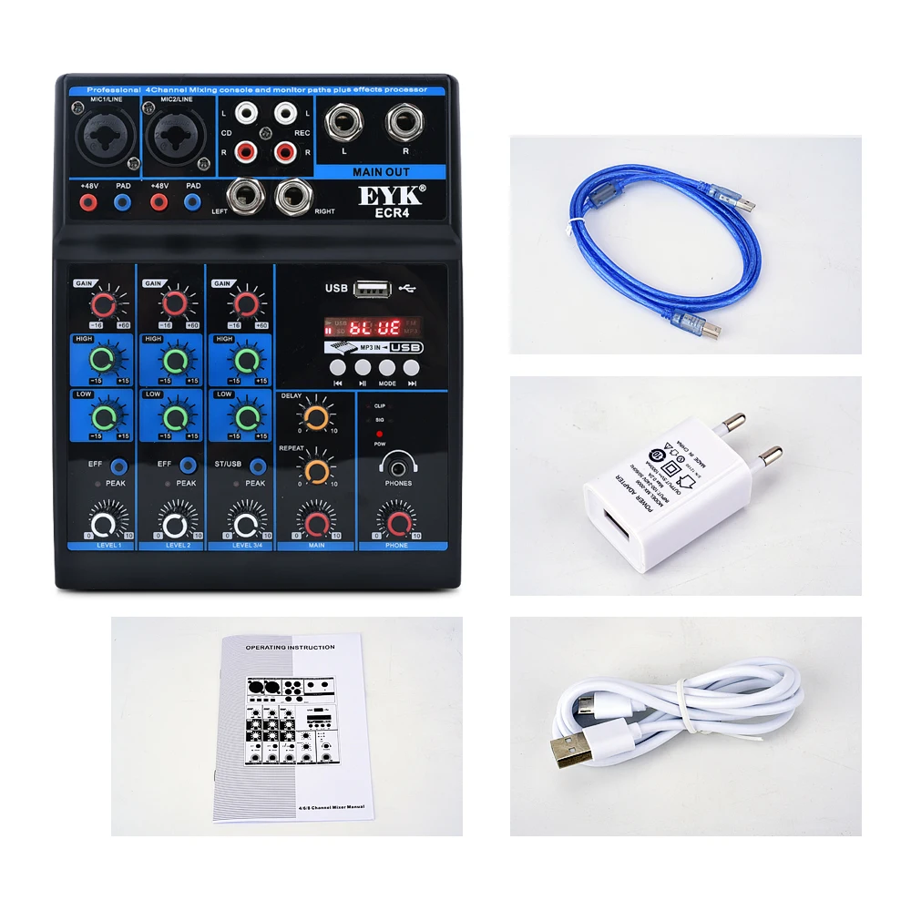eyk ecr4 audio mixer with sound card 4 channel stereo mixing console bluetooth compatible usb for pc computer record playback free global shipping