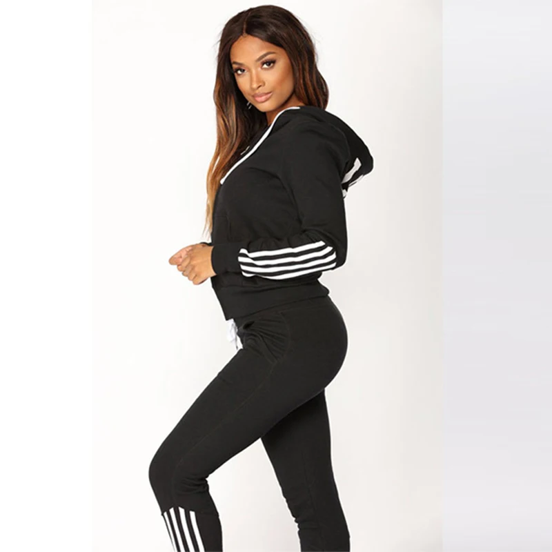 

2021 Women's Striped Sports Zipper Hoodie And Pants Two-Piece Printed Casual Tracksuit Set Women's Clothing