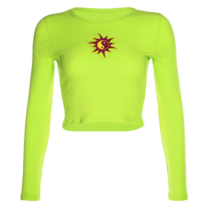 Женская укороченная футболка ArtSu синяя Базовая с длинными рукавами и вышивкой в