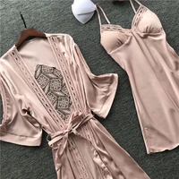 2020 robe gown sets pajamas for women sexy lace sleep lounge pijama long sleeve nightwear bathrobe night dress with chest pads