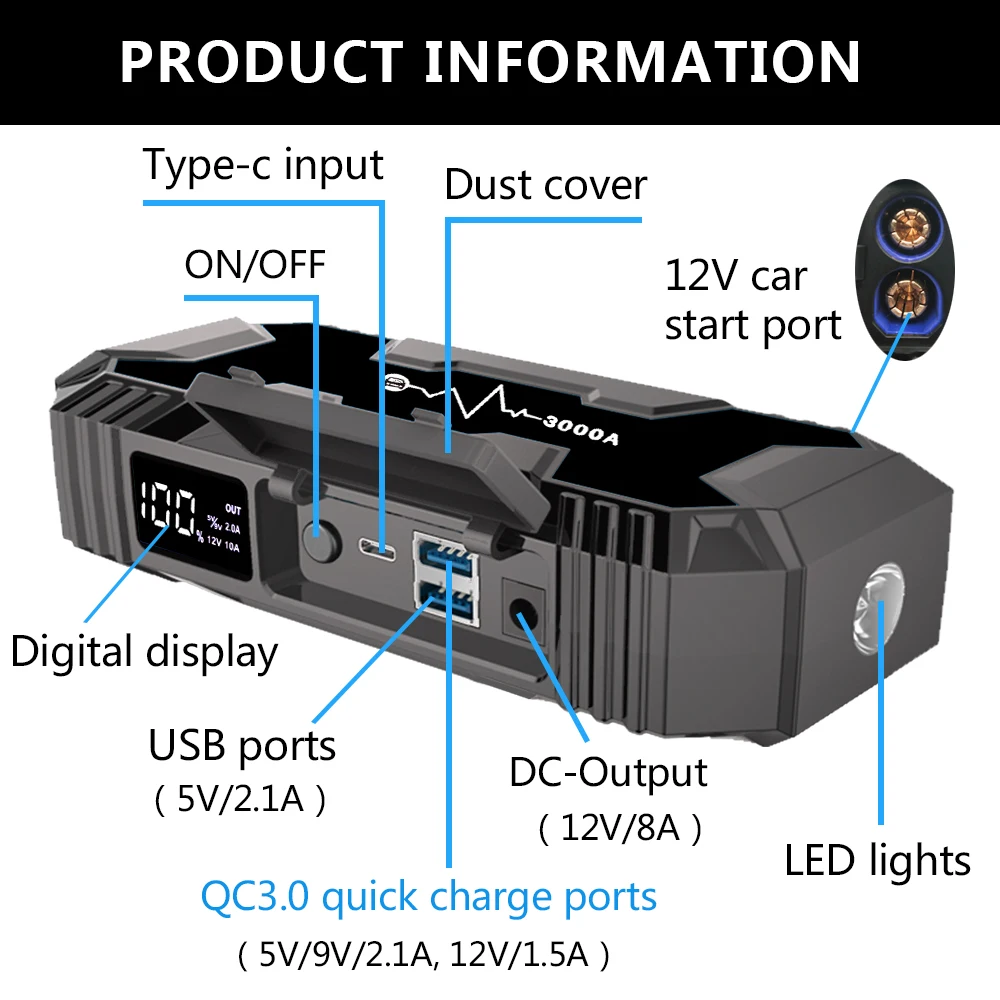 Портативный источник питания Jumpstarter для цифровых устройств 3000 А умный стартер