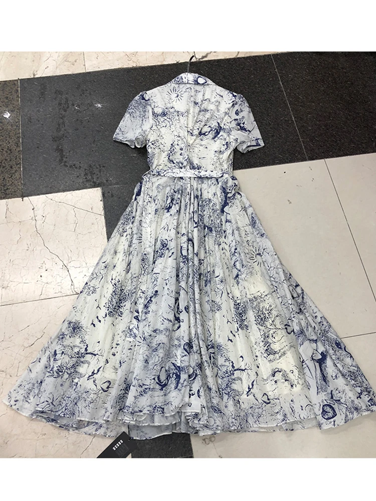 

Big-name retro printing belt lapel women's summer swing pleated dress 2020New summer women's short-sleeved temperament dress XL