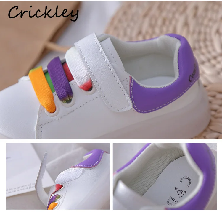 

Children White Shoes Colorful Laces Luminous Sole Casual Shoes for Boys Girls PU Leather Soft Sole Comfortable Kids Sneakers