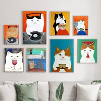 abstract canvas painting cartoon lovely cat drink and cook baby nursery wall art poster nordic living room home decor