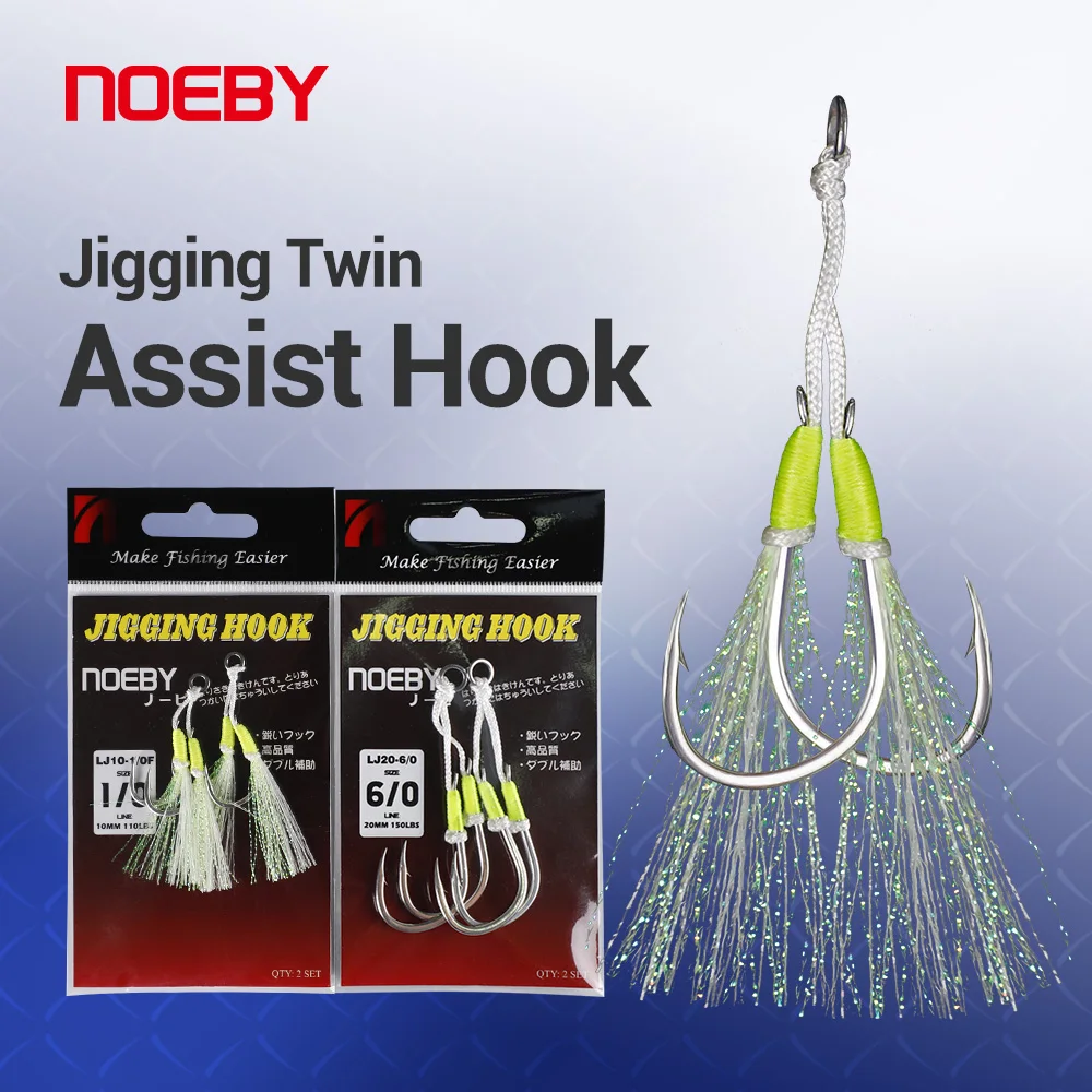 

Noeby Jig Hooks Slow Jigging 1/0 2/0 3/0 4/0 5/0 6/0 Barbed High Carbon Steel Metal Twin Hook Fishing Tackle