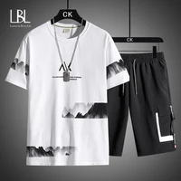 2021 summer new mens sets cotton t shirt shorts hip hop streetwear o neck tees male sports running suits casual tracksuits