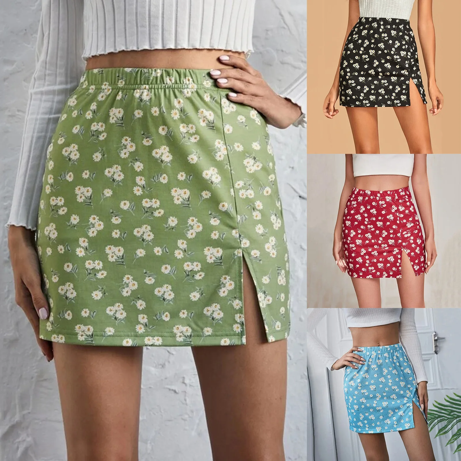 

Female Floral Printed Bodycon Summer Skirt Sweet Fashion Side Split High Waist Skirt Women 2021 New Slim Mini Skirts Bottom