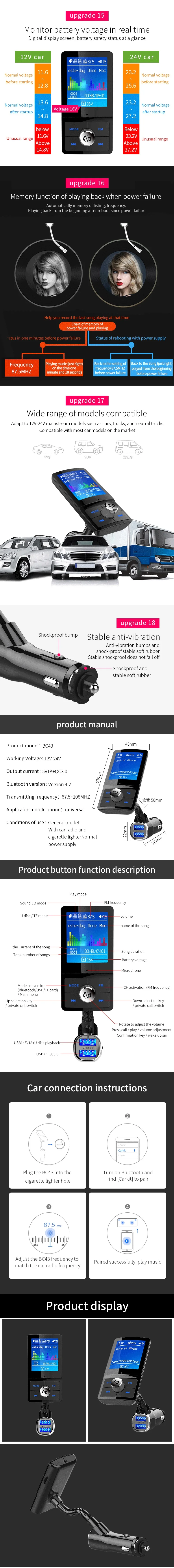 Aux usb bluetooth fm-передатчик модулятор цветной экран MP3 беспроводной Bluetooth громкой связи автомобильный комплект с QC3.0 двойное зарядное устройство usb