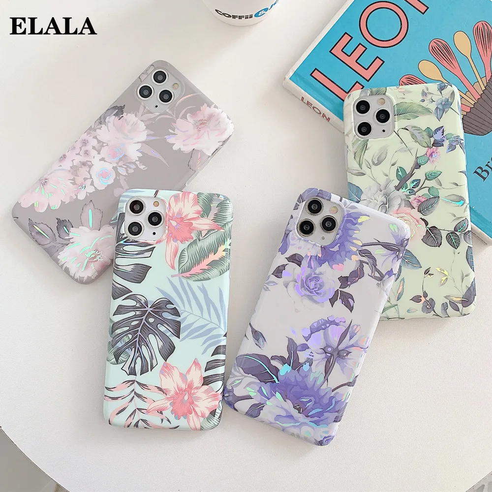 

Laser Flowers Leaf Phone Case for iPhone 12 Mini 11 Pro Max SE 2020 XR XS X 7 8 Plus Cover Cute Fashion Golssy Soft IMD Funda
