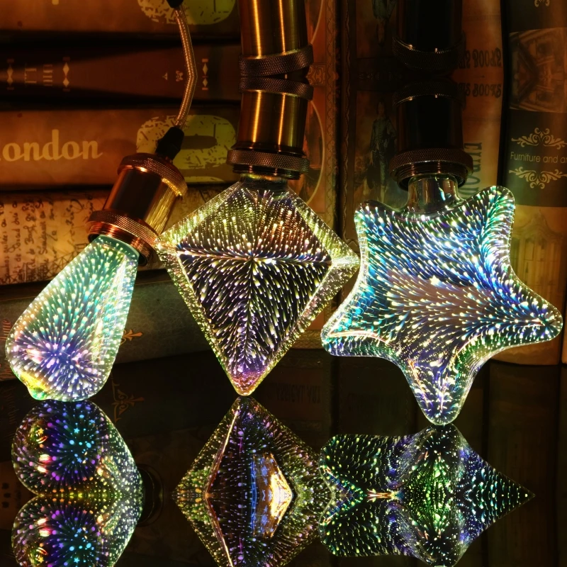 3D Светодиодная лампа звезда фейерверк E27 Винтаж Edison Ночной светильник 110V 220V A60 ST64