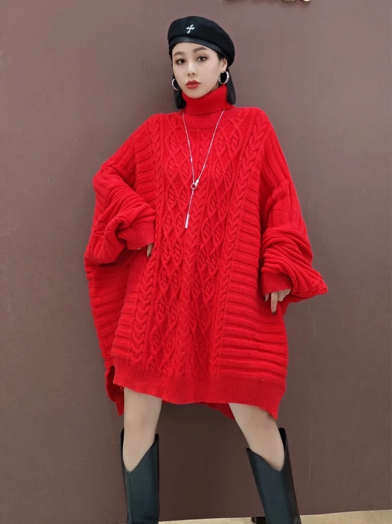 

SuperAen 2021 Winter New Wool Batwing Sleeve Turtleneck Solid Casual Full Sweater Women Loose