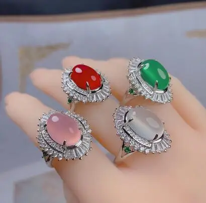 

S925 Серебряное эллипс розовое синее зеленое кольцо из халцедона, кольцо из агата и нефрита, ювелирные изделия из кристалла циркония