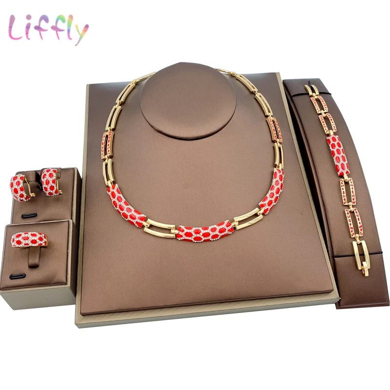 

Liffly Classic Jewelry Accessories Dubai Retro Style Red Necklace Bracelet Crystal Earrings Ring Elegant Women Wedding Jewelry