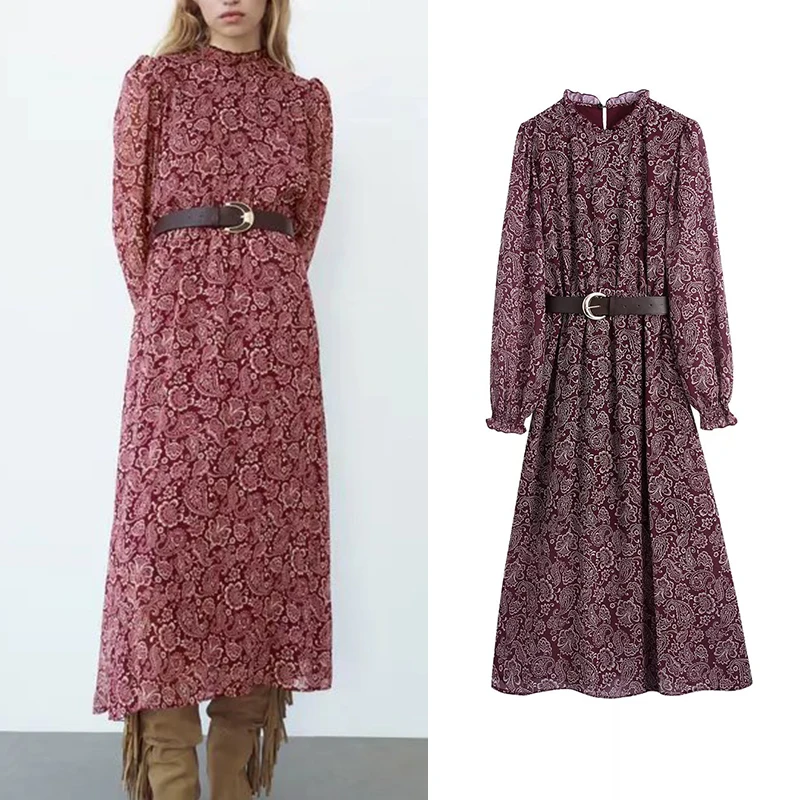 

2021 Autumn New Women Print Midi Dresses Chic O Neck Long Sleeve Female Fashion Vintage Dress Vestidos BB4453