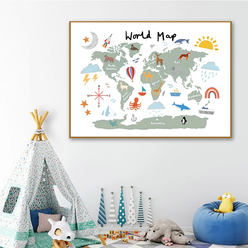 

Alphabet Nursery Wall Art Canvas Educational Abc Animals Poster Watercolor World Map Prints Nordic Kids Room Decor Wall Picture